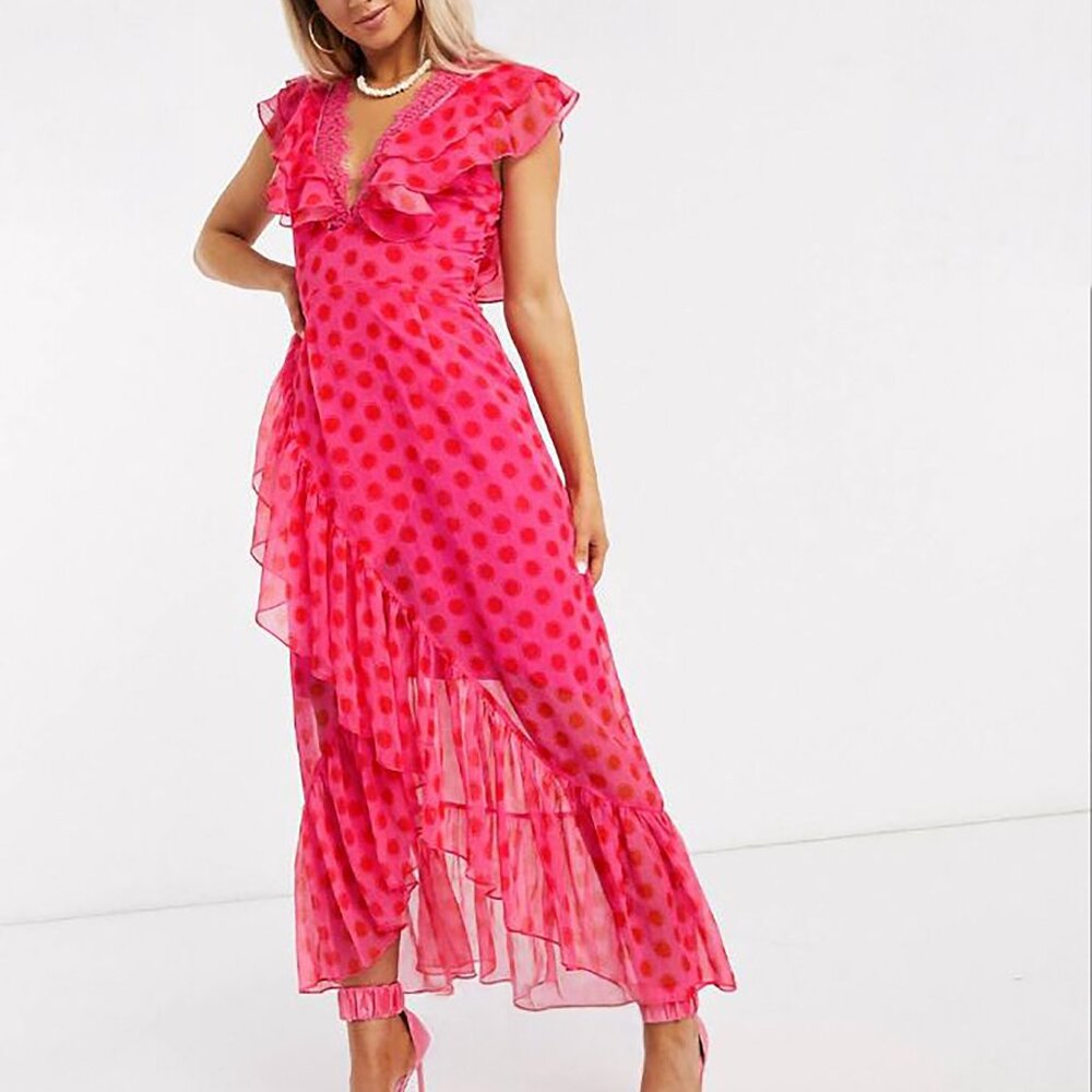 Dark Pink Ruffle Maxi Dress Pink Red Polka Dot
